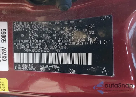 2013 Toyota Sienna Xle V6 8 Passenger z USA, uszkodzony, nr VIN 5TDYK3DC5DS370365